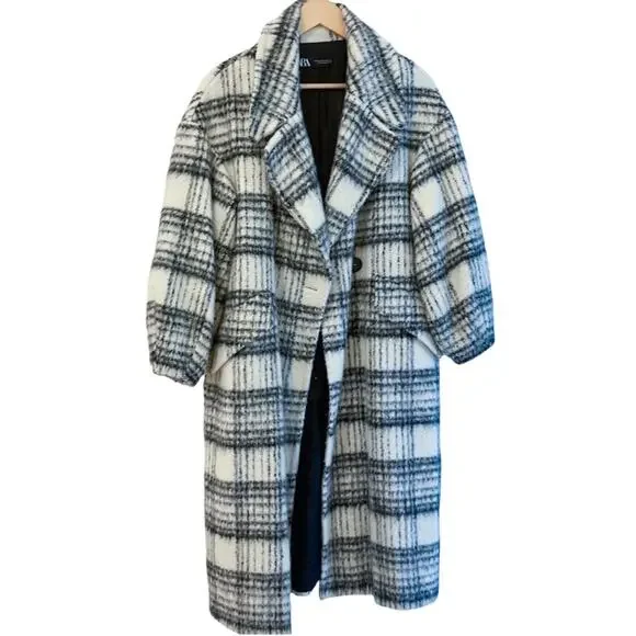Zara NEW Oversized Wool Ivory and Black Plaid Coat Jacket